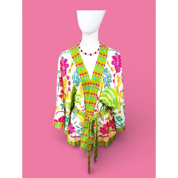 Farm Rio Queen of Fruits Tropical Kimono Jacket SZ‎ Lge Tie Beaded Tassel Fringe - Picture 5 of 16